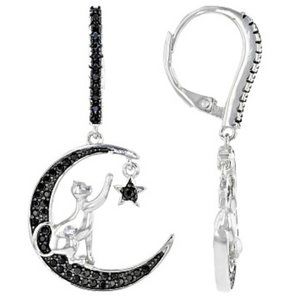 COPY - Black Spinel Rhodium Over Silver Crescent-Moon, Cat & Star Dangle Earrin